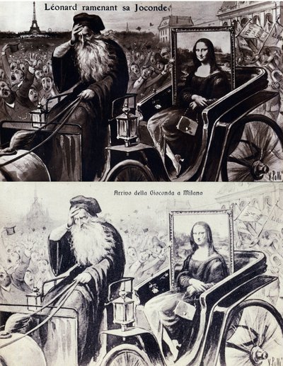 Edustus Leonard de Vincistä (Leonardo da Vinci) (1452-1519), joka tuo takaisin teoksensa "" Mona Lisa"" (Mona Lisa, Monna Lisa) Vincenzo Peruggian (1881-1925) teoksen varkauden jälkeen, joka tapahtui. 21/08/1911. Komedia postikortti tekijältä Anonymous Anonymous