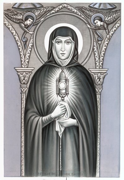 Edustus Saint Clairesta (Chiara) Assisilaista (n. 1192-1253), Clares Pious -kuvan uskonnollisen järjestön perustaja. 1900-luvun yksityiskokoelman debyytti tekijältä Anonymous Anonymous