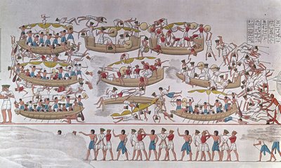 Kuvaus Niilin suiston taistelusta Ramses III:n armeijoiden ja meren kansojen välillä” Reliefistä Medinet Habun hautaustemppeliin Egyptissä tekijältä Anonymous Anonymous