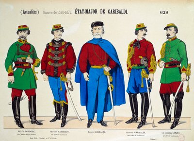 Risorgimento: Giuseppe Garibaldin kenraali (1807-1882). Italian Uniten sankareita edustavat hänen kahden poikansa Menotti ja Riciotti, kenraali Bordone ja eversti Canzio. Kaiverrus noin 1870 Pariisi, Musee Carnavalet tekijältä Anonymous Anonymous