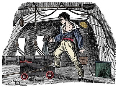 Sabotaasi: Merimies heittelee vettä ruudin päälle Kaiverrus Charles Ellmsistä "The Pirates Own Book" tekijältä Anonymous Anonymous