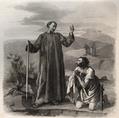 Pyhä Benedictus Nursialainen toivottaa Totilan (6. vuosisadan) tervetulleeksi itägoottien kuninkaan. Kaiverrus vuodelta 1846 kirjassa "Pyhien elämää". Yksityinen kokoelma. tekijältä Anonymous Anonymous