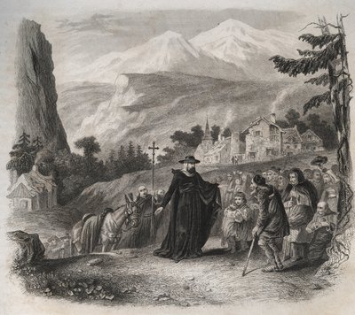 Saint Francois-de-Sales (Saint Francois de Sales) (1567-1622), Geneven esitys pastoraalivierailulla. Kaiverrus vuodelta 1846 kirjassa "Pyhien elämää". Yksityinen kokoelma. tekijältä Anonymous Anonymous