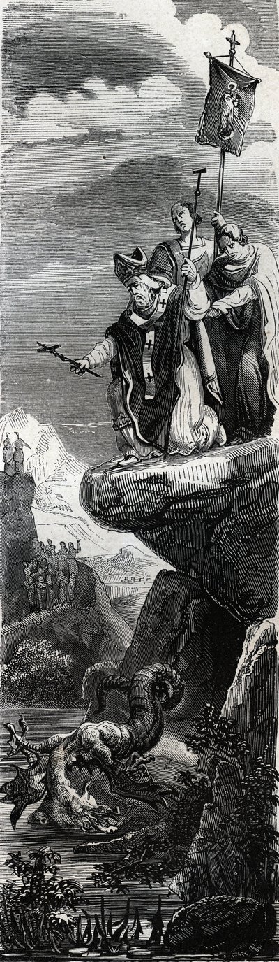 Saint Front (ensimmäinen Perigordin evankelisoija) (3. vuosisata) lohikäärmeen saostamassa Dordognessa - Kaiverrus vuodelta 1846 kirjassa "Pyhien elämää"". Yksityinen kokoelma. tekijältä Anonymous Anonymous