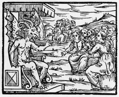 Saatana puhuttelee velhoja - "Compendium Maleficarum", käsittelee noitia, heidän pahuuttaan ja heidän lajittelujaan kirjoittanut Francesco Maria Guazzo tai Guaccio tai Guaccius (15? -16??) 1608 Private Collection tekijältä Anonymous Anonymous