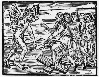 Saatana pakottaa tulevat opetuslapsensa kävelemään ristillä - "Compendium Maleficarum", käsittelee noitia, heidän pahuuttaan ja heidän lajittelujaan Francesco Maria Guazzo tai Guaccio tai Guaccius (15?? -16??) 1608 Private Collection tekijältä Anonymous Anonymous