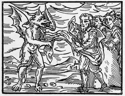 Saatana riisui velhoilta heidän vaatteensa - "Compendium Maleficarum", Francesco Maria Guazzon tai Guaccio tai Guacciuksen (15?? -16??) 1608 Yksityiskokoelma tarjouksia noidista, heidän pahuudestaan ja heidän lajitteluistaan tekijältä Anonymous Anonymous