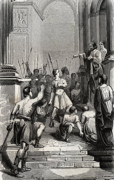 Toulousen Saturnin (Saint Sernin, ensimmäinen kristillinen Toulousen eveque) (3. vuosisata) pysähtyi Toulousen pääkaupunkiin - Kaiverrus vuodelta 1846 "Lives des Saints" -kirjassa. Yksityinen kokoelma. tekijältä Anonymous Anonymous