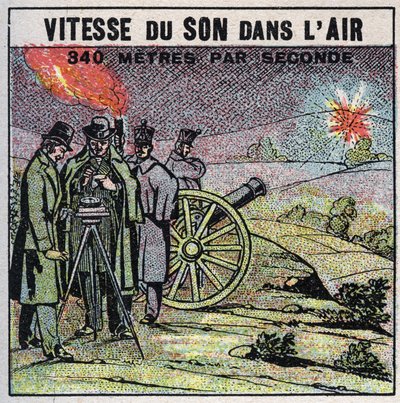 Äänienergia: äänen nopeus ilmassa. Vuoden 1822 kokemus Louis-Joseph Gay-Lussacilta (Louis Joseph Gay Lussac) (1778-1850) ja Francois Aragolta (1786-1853), jotka ampuivat sarjan kanuunalaukauksia Montlheryn ja Villejuifin välillä. Anonyymi kuvitus vuodelta  tekijältä Anonymous Anonymous