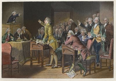 Stamp Act (Duties in American Colonies Act) – Amerikan vallankumousjohtaja Patrick Henry (1736-1799) vastustaa leimalakia Virginia House of Burgessesissa vuonna 1765 – Patrick Henryn puhe postimerkkilakia vastaan vuonna 1765 House of the Housessa tekijältä Anonymous Anonymous