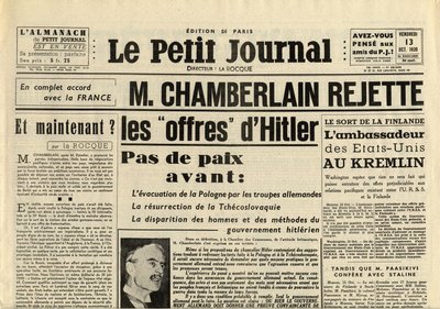 SMITTLE JOURNAL PERJANTAI 13. LOKAKUUTA 1939 Neville CHAMBERLAIN (1869-1940) hylkää Adolf Hitlerin tarjoukset tekijältä Anonymous Anonymous