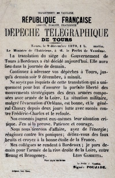 Léon Gambettan lennätysuutiset Toursista 12.9.1870. tekijältä Anonymous Anonymous