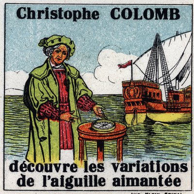 Maan magnetismi: Christopher Columbus (1451-1506) löytää kompassolin magneettisen neulan muunnelmia matkallaan Amerikkaan vuonna 1492. Nimetön kuvitus vuodelta 1925. Yksityiskokoelma. tekijältä Anonymous Anonymous