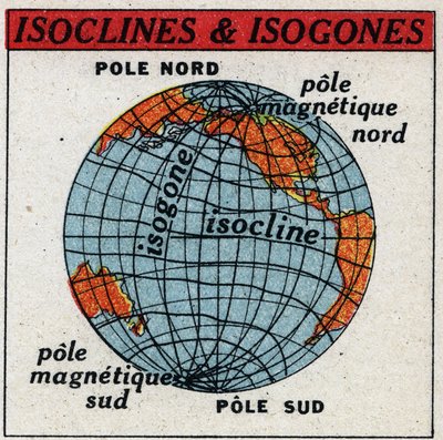 Maan magnetismi: Magneettinen kartta, jossa näkyy isokliinit ja isogonit. Anonyymi kuvitus vuodelta 1925. Yksityiskokoelma. tekijältä Anonymous Anonymous