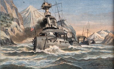 Amerikkalainen laivasto Magellan Detroitissa. Kaiverrus sanomalehdestä "" Le Petro Parisien", 23.2.1908. Yksityinen kokoelma. tekijältä Anonymous Anonymous