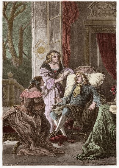 Herttua Francois de La Rochefoucauld (1613-1680), markiisirouva de Sevigne (1626-1696) ja kreivitär de La Fayette (1634-1693), ranskalaiset kirjailijat - Hildebrandin kaiverrus P. Philippoteaux