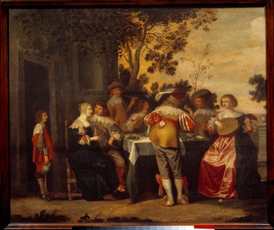Gallant Scene -korttipeli, jossa on pari pelaajaa ja muusikko. Anonyymi maalaus. 1600-luvun Lille, Musee des Beaux Arts tekijältä Anonymous Anonymous
