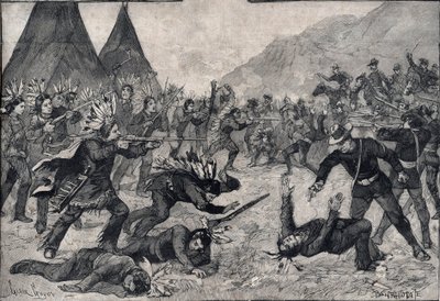 Intiaanikapina Yhdysvalloissa: taistelu Sioux-intiaanien ja amerikkalaisten joukkojen välillä. Kaiverrus "" Le petit Parisien"" vuodelta 1891. Yksityinen kokoelma. tekijältä Anonymous Anonymous
