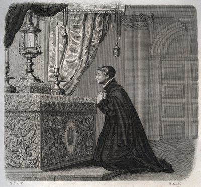 Italialainen jesuiitta Louis de Gonzague (San Luigi Gonzaga) (1568-1591) rukouksessa. Kaiverrus vuodelta 1846 kirjassa "Pyhien elämää". Yksityinen kokoelma. tekijältä Anonymous Anonymous