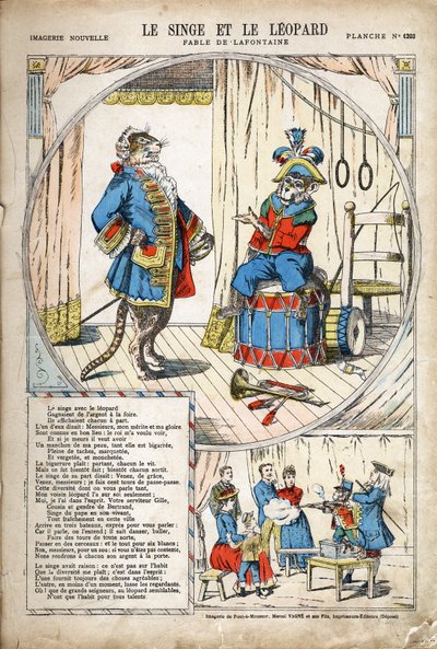 Apina ja leopardi. Jean de LA FONTAINE (Lafontaine) (1621-1695) anonyymi kuvitus Les Fablesille. Kuvaus Pont-a-Moussonista, noin 1880. Yksityinen kokoelma. tekijältä Anonymous Anonymous