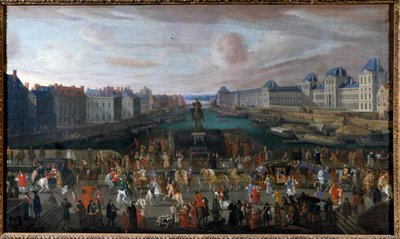Pont Neuf nähtynä Place Dauphine -aukion sisäänkäynnistä, Quai Malaquais ja College of Four Nations (Institut de France) rakenteilla Grande Galerie ja Louvre anonymous-maalauksen käytävässä. 1665. Dim. 0,74 x 1,25 m. tekijältä Anonymous Anonymous
