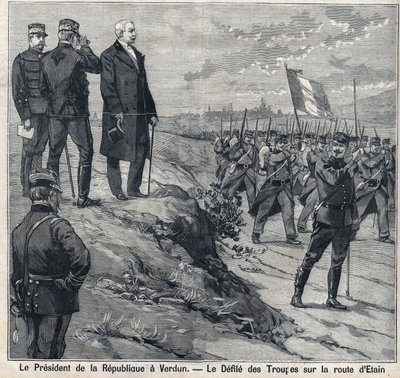 Tasavallan presidentti Felix Faure (1841-1899) vierailee Verdunissa (Maasissa), Etinin tien sotakoulun saastuttajana. Kaiverrus "" Le Petro Parisien"" tekijältä Anonymous Anonymous