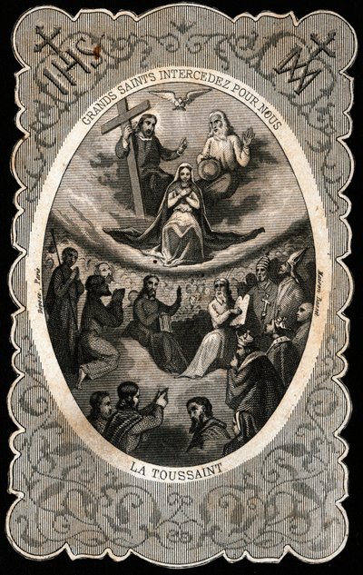 Neitsyt Maria Pyhän Kolminaisuuden kanssa (Jumala, Jeesus Kristus ja Pyhän Hengen kyyhkynen). Dentelee kortti. 1800-luvulla. Yksityinen kokoelma tekijältä Anonymous Anonymous