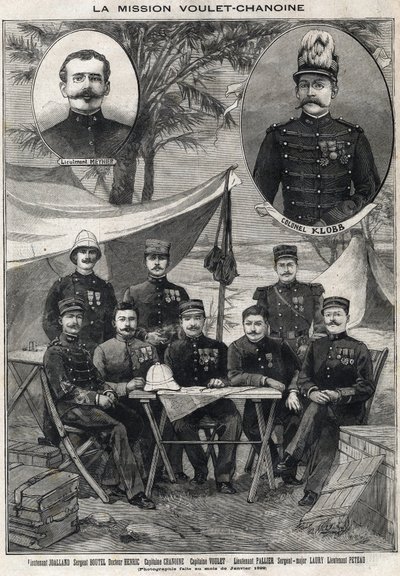 Voulet Chanoine -tehtävä (Voulet-Chanoine) Ranskan retkikunta Tšadin siirtomaavalloittamiseksi: luutnantti Octave Meynierin (1874-1961) ja eversti Arsene Klobbin (1857-1899) muotokuva, alhaalta oikealle: luutnantti Boualland, kersantti tekijältä Anonymous Anonymous
