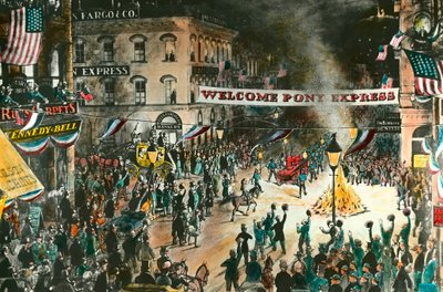 Pony Expressin saapuminen Pony Express oli viesti, jonka tarkoituksena oli yhdistää Missouri Kaliforniaan jakamalla postia. Kaiverrus 1800-luvulta. Yksityinen kokoelma tekijältä Anonymous Anonymous