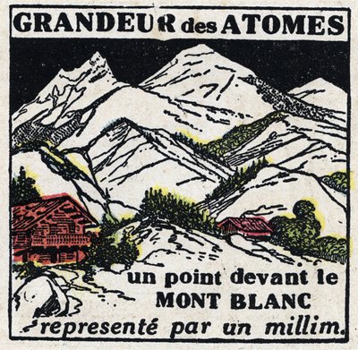 Atomi ja tiede: atomien koko. Mont Blancin edessä oleva piste, jota edustaa millimetri. Anonyymi kuvitus vuodelta 1925. Yksityiskokoelma. tekijältä Anonymous Anonymous