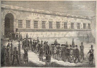 Rochefortin vankila 1800-luvulla. Pierre Zacconen (1817-1895) (1817-1895) (Colonia Penale - Penal Colony) kaiverrus kirjaan ”Vangoitujen historia heidän luomisestaan ​​nykypäivään” (1877). Yksityinen kokoelma. tekijältä Anonymous Anonymous