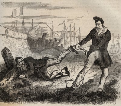 Voiman suurin piina on olla pariton. Taistelu kahden saman ketjun yhdistämän vangin välillä. Bagne de Rochefort 1800-luvulla. Kaiverrus teokseen "Vankiloiden historia niiden luomisesta nykypäivään" (1877), Pierre Zaccone (1817-1895) tekijältä Anonymous Anonymous
