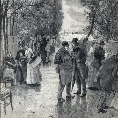 Kirja-kirja -kävely Pariisin laiturien rannoilla. Kaiverrus kirjassa "" Le petit parisien"" 30.10.1892. Yksityinen kokoelma tekijältä Anonymous Anonymous