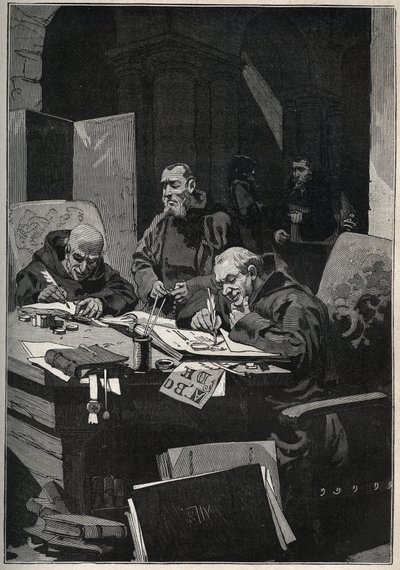 Krysografi: copistee-munkit, jotka suorittivat valaistusta kultakirjaimilla keskiajalla. Kaiverrus vuodelta 1885 kirjassa "Les arts et metiers illustres", kirjoittanut Adolphe BITARD. tekijältä Anonymous Anonymous