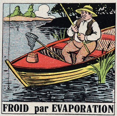 Kylmäteollisuus: kylmä haihduttamalla. Kalastaja veneessään pysyy viileänä joen veden haihtumisen ansiosta. Anonyymi kuvitus vuodelta 1925. Yksityiskokoelma. tekijältä Anonymous Anonymous