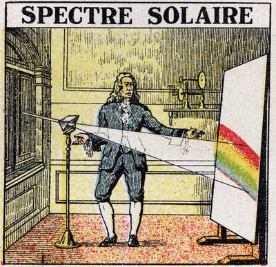 Värit: Isaac Newtonin (1642-1727) tutkima aurinkospektri. Anonyymi kuvitus vuodelta 1925. Yksityiskokoelma. tekijältä Anonymous Anonymous