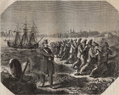 Cordelli (suuren väsymyksen teos) Bagne de Rochefortissa 1800-luvulla. Kaiverrus kirjaan "Vankiloiden historia niiden luomisesta nykypäivään" (1877), Pierre Zaccone (1817-1895) (Colonia Penale - Rangaistussiirtokunta) tekijältä Anonymous Anonymous