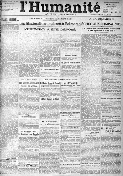 Vallankaappaus Venäjällä sosialistisen sanomalehden "Humanity" otsikoissa. Otsikot: "Mestarit Maximalistit Petrogradissa", "" Kerenski talletettiin""" (Kerenski), 11.9.1917. tekijältä Anonymous Anonymous