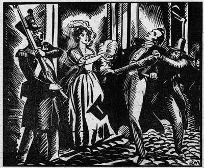 Berryn herttuan (1778-1820) kuolema 13.2.1820 kuninkaallisessa musiikkiakatemiassa”” Kuningas Ludvig XVIII:n veljenpoika murhataan oopperassa Louvelin toimesta, joka haluaa tukahduttaa kuninkaallisen dynastian. Kuva otettu julkaisusta "" Le petit journal i tekijältä Anonymous Anonymous