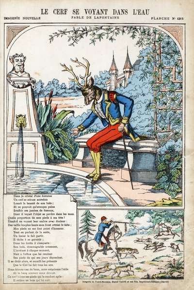 Hirvi näkee itsensä vedessä. Jean de LA FONTAINE (Lafontaine) (1621-1695) anonyymi kuvitus Les Fablesille. Kuvaus Pont-a-Moussonista, noin 1880. Yksityinen kokoelma. tekijältä Anonymous Anonymous