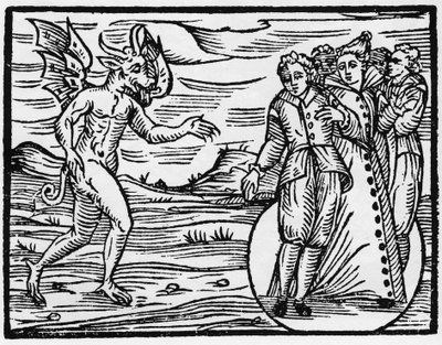 Paholainen velvoittaa ne, jotka saivat hänet näyttäytymään, tekemään sopimuksen hänen kanssaan - "Compendium Maleficarum", käsittelee noitia, heidän pahuuttaan ja heidän lajitteluaan. Francesco Maria Guazzo tai Guaccio tai Guaccius (15?? -16??) 1608 Privat tekijältä Anonymous Anonymous