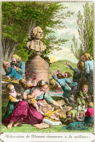 Ihmisen koulutus alkaa hänen syntymästään: äidit lastensa kanssa sekä rintakuva sveitsiläiselle filosofille Jean Jacques Rousseaulle (1712-1778). Kaiverrus 1700-luvun yksityiskokoelmasta tekijältä Anonymous Anonymous