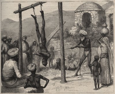 Fakiiri Intiassa - Fakiirit (Faquir) Intiassa - ripustettiin jaloista puutankoon - kaiverrus vuodelta 1892 "Journal des voyages" -kirjaan. tekijältä Anonymous Anonymous