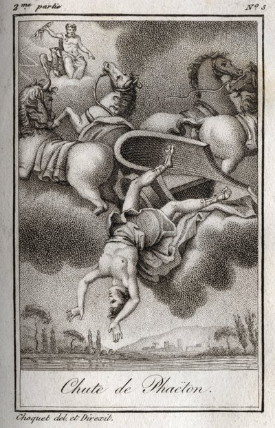Phaetonin putoaminen Phaeton (Phaethon), joka ei kyennyt hallitsemaan Helios-tankkia, osui Zeusin ja putosi Eridan-jokeen. Kaiverrus vuodelta 1819 Charles Albert Demoustier