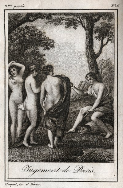 Pariisin tuomio Paimen Parisin on valittava, kenelle hän antaa kultaisen omenan, joka suunnittelee kolmesta jumalattaresta kauneimman, Athenan, Afroditen tai Heran. Kaiverrus vuodelta 1819 Charles Albert Demoustierin kirjaan "Lettres a Emilie sur la mythol tekijältä Anonymous Anonymous