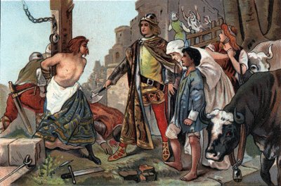 Baudouin VII:n (1092-1119) tuomari sanoi Flanderin kreivi kirveelle. Antoinen suklaan mainoskromolitografia Brysselissä, 1900-luvun alku. Yksityinen kokoelma tekijältä Anonymous Anonymous