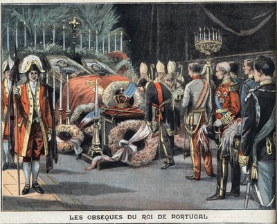 Portugalin kuninkaan Kaarle I:n (1863-1908) obsequet kuolivat salamurhassa 1. helmikuuta 1908. Kaiverrus "" Le Peute Parisien" -sanomalehdestä, 23.2.1908. Yksityinen kokoelma. tekijältä Anonymous Anonymous