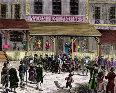 Curtiuksen perustama vahaviikunoiden salonki boulevard du temple Pariisissa 1700-luvulla, kaiverrus, yksityinen kokoelma tekijältä Anonymous Anonymous