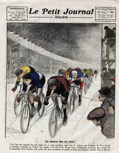 Kuuden päivän kilpailu: Piet van Kempen (1898-1985), Alfred Grenda, Seres ja Maurice Brocco (1883-1965) sprintin aikana. Kaiverrus Le Petit Journal illustressa, 16.4.1922 tekijältä Anonymous Anonymous