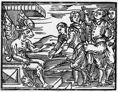 Noidat kunnioittavat paholaista - ”Compendium Maleficarum”, Francesco Maria Guazzo tai Guaccio tai Guaccius (15??? -16??) 1608 Private Collection käsittelee noidista, heidän pahuudestaan ja lajitteluistaan tekijältä Anonymous Anonymous